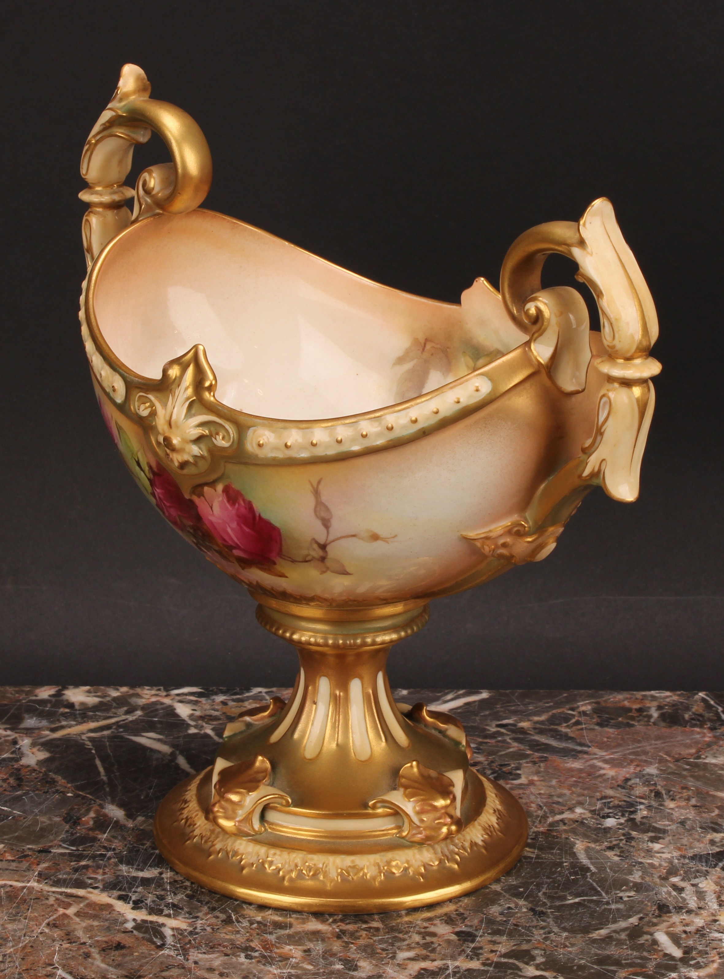 A Royal Worcester boat shaped pedestal vase, painted by K Austin, signed, with roses, on a blush - Image 4 of 6