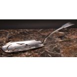 A George III Irish silver Fiddle pattern fish slice, pierced and bright-cut engraved with fish and