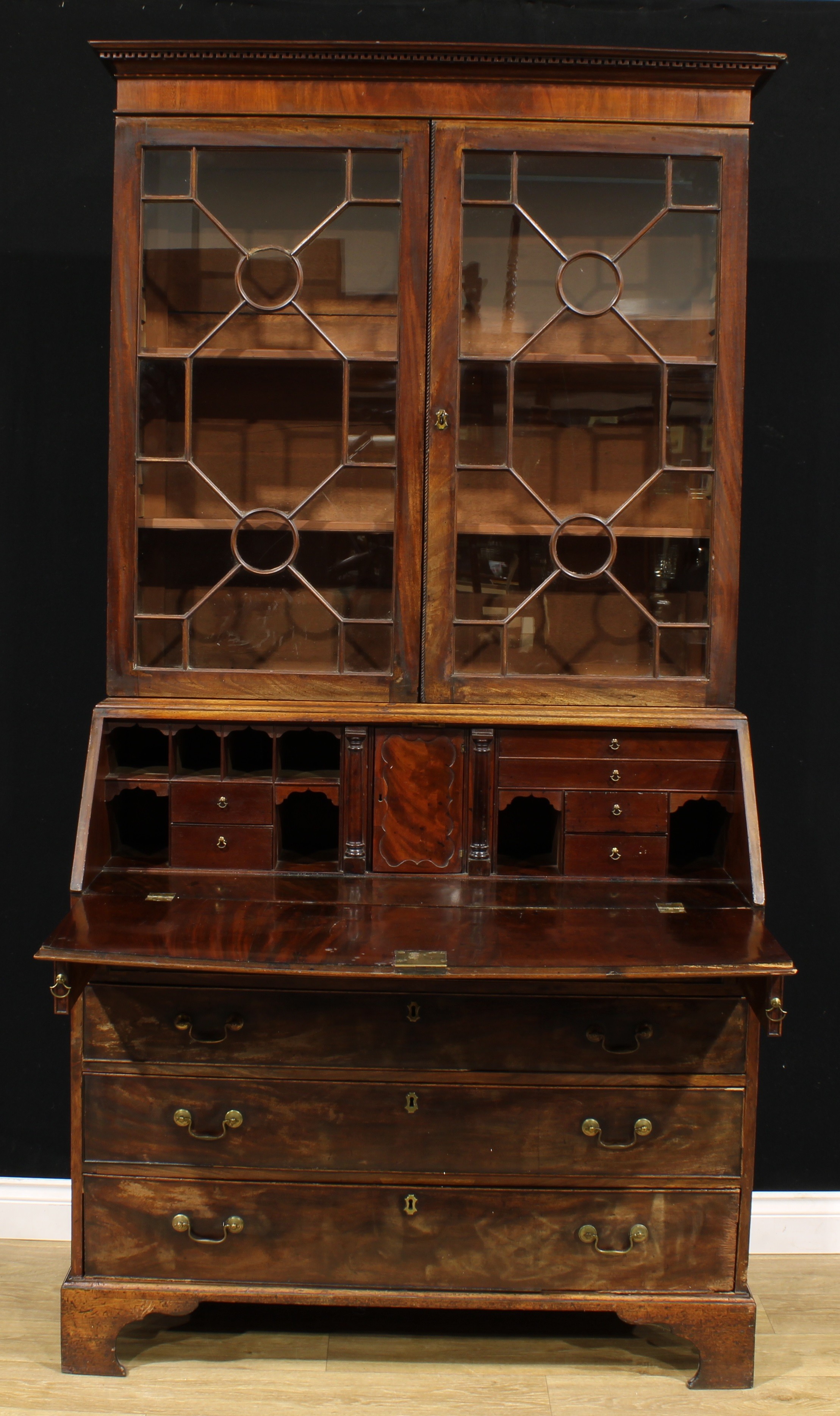 A George III mahogany bureau bookcase, outswept cornice above a pair of astragal glazed doors - Image 2 of 3