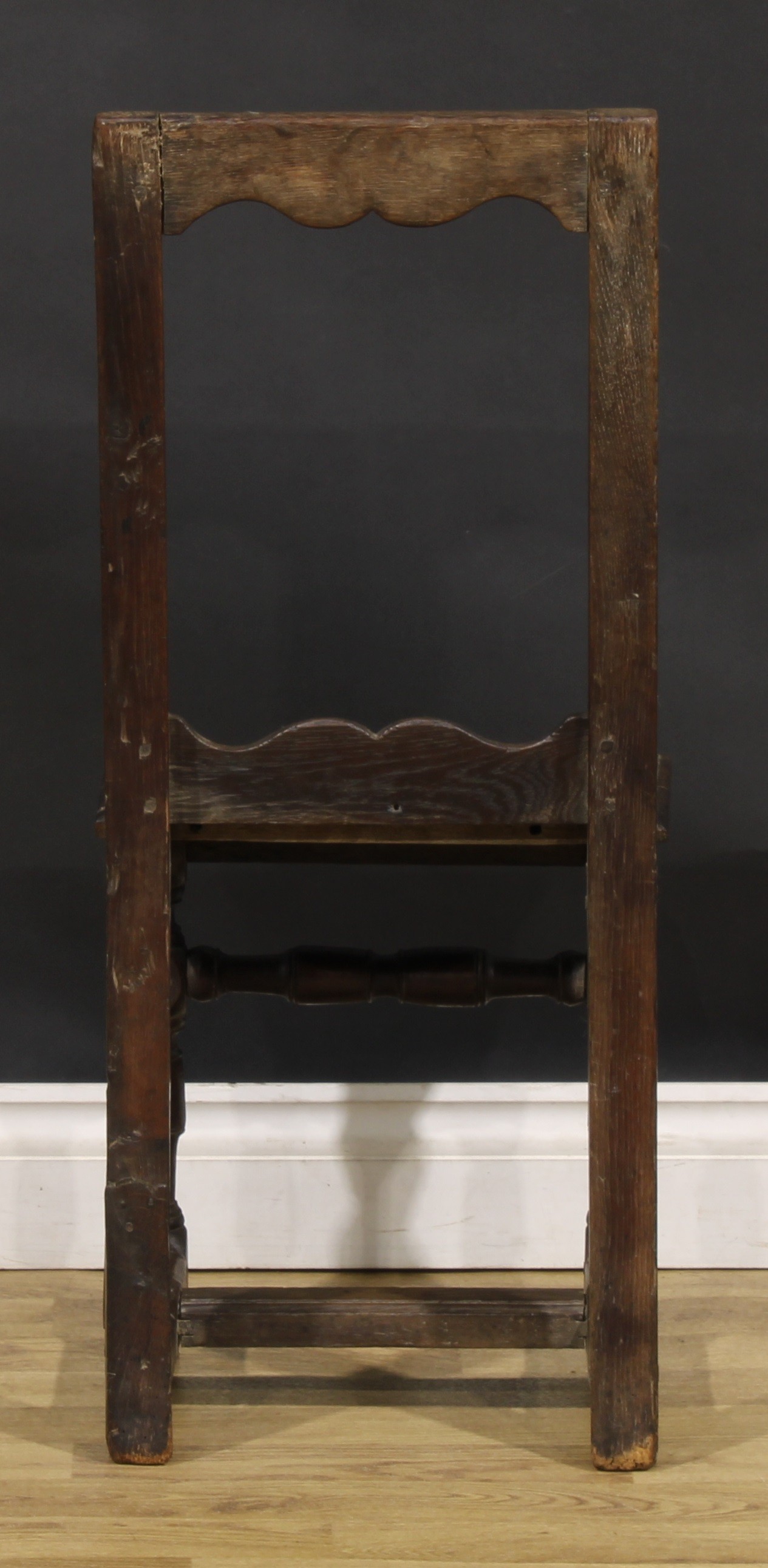 A near pair of 17th century oak backstools, boarded seats, turned legs and stretchers, one - Image 9 of 9