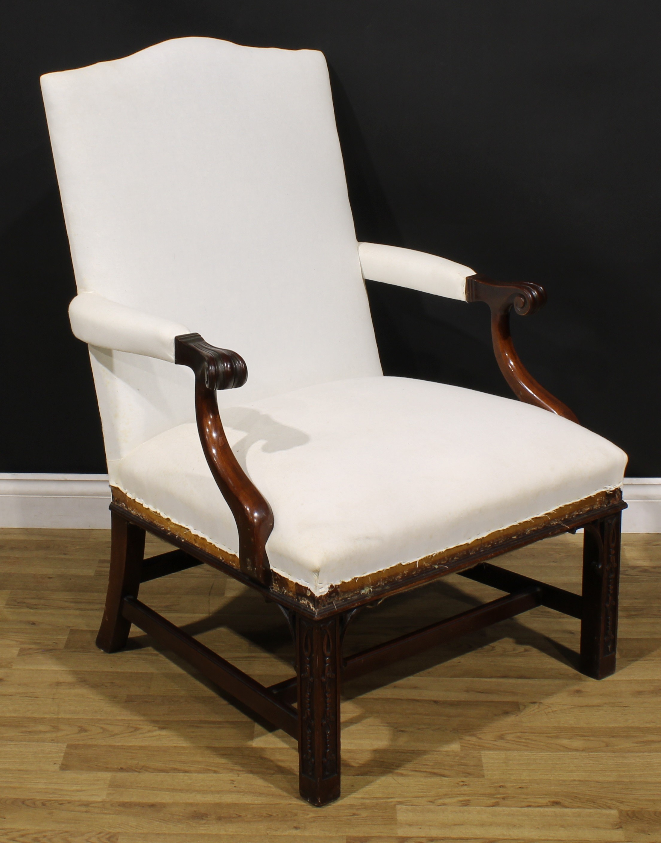 A George III style mahogany Gainsborough armchair, scroll hand rests, square forelegs carved with - Image 2 of 4