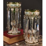 A pair of Bohemian overlaid glass mantel lustres, decorated in polychrome with flowers and picked
