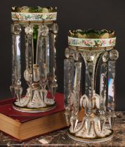 A pair of Bohemian overlaid glass mantel lustres, decorated in polychrome with flowers and picked