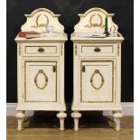 A pair of French Louis XVI style painted bedroom cabinets, each with a drawer and door, 100cm