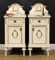 A pair of French Louis XVI style painted bedroom cabinets, each with a drawer and door, 100cm