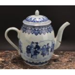 A large 19th century Chinese wine pot and cover, decorated in underglaze blue with figures from