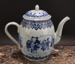 A large 19th century Chinese wine pot and cover, decorated in underglaze blue with figures from