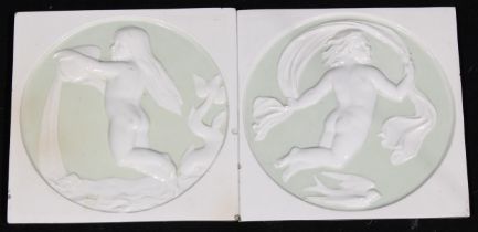 A pair of Copeland wall tiles, moulded in relief with allegories of Water and Air, late 19th