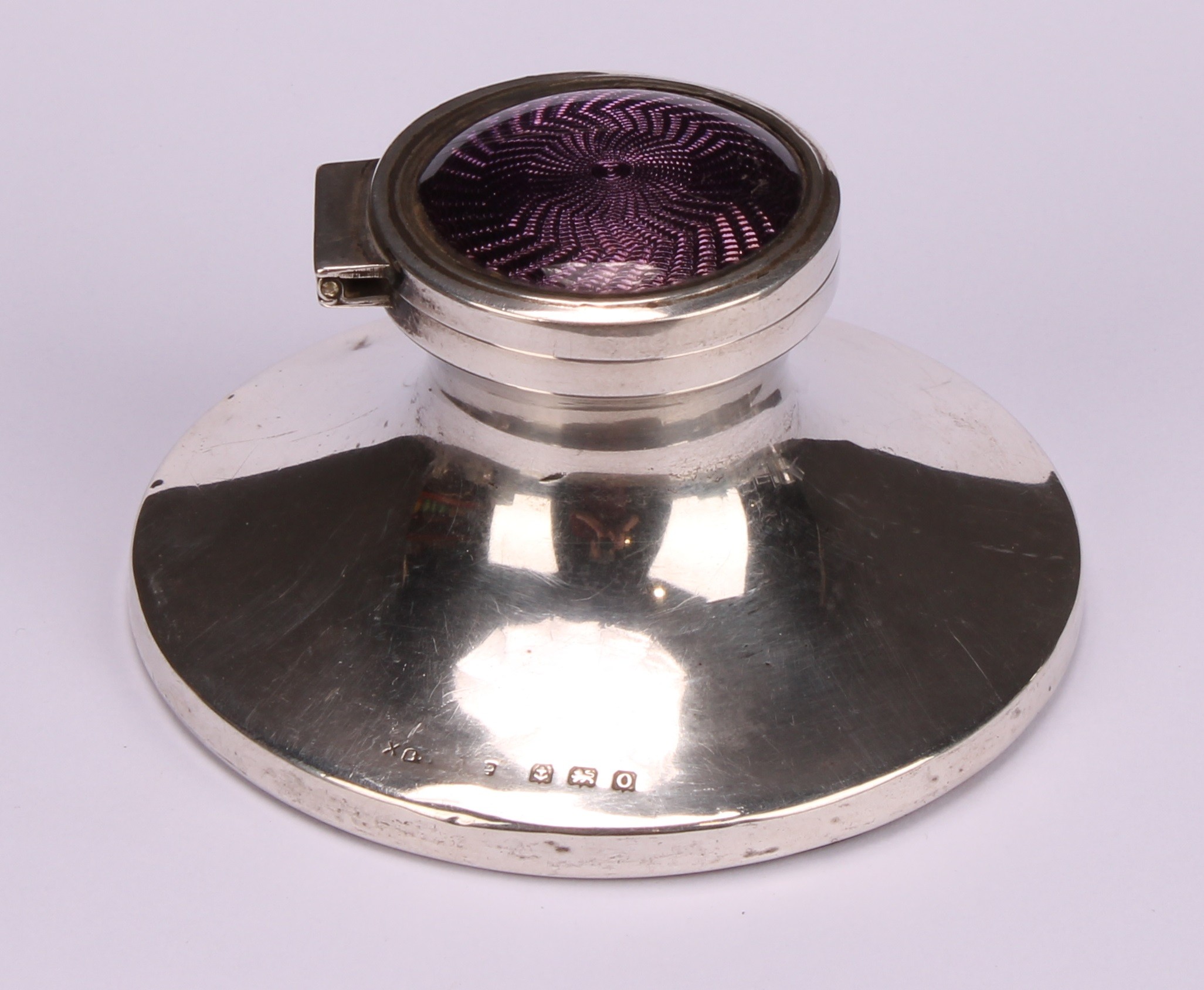 A George V silver and guilloche enamel capstan inkwell, hinged cover decorated in tones of purple, - Image 2 of 5