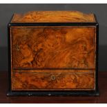 A Victorian burr walnut table-top work box, sarcophagus cresting above a revolving compartment and a