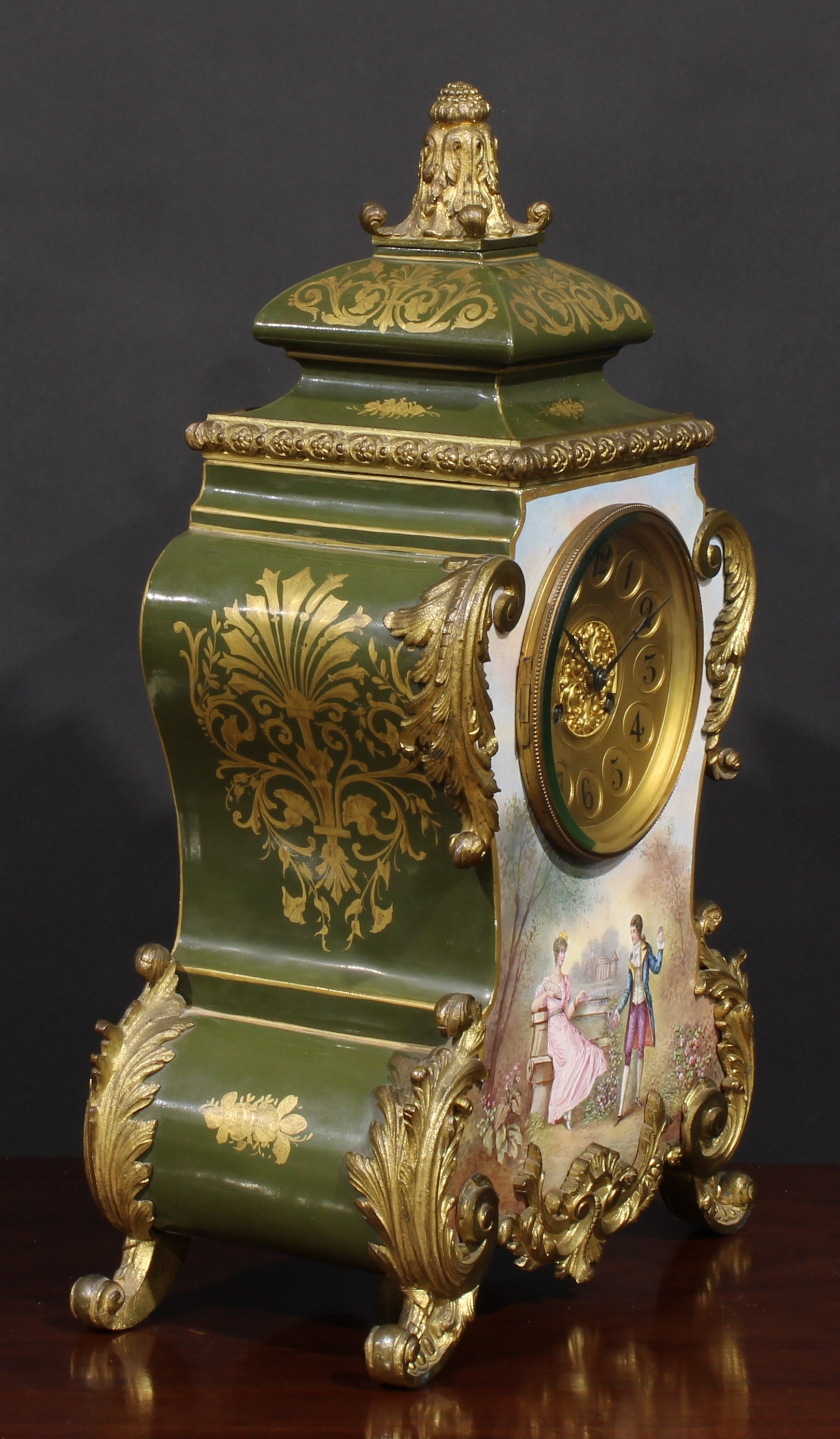 A Louis XV Revival gilt metal mounted porcelain cartouche shaped mantel clock, painted by Dumas, - Image 2 of 2