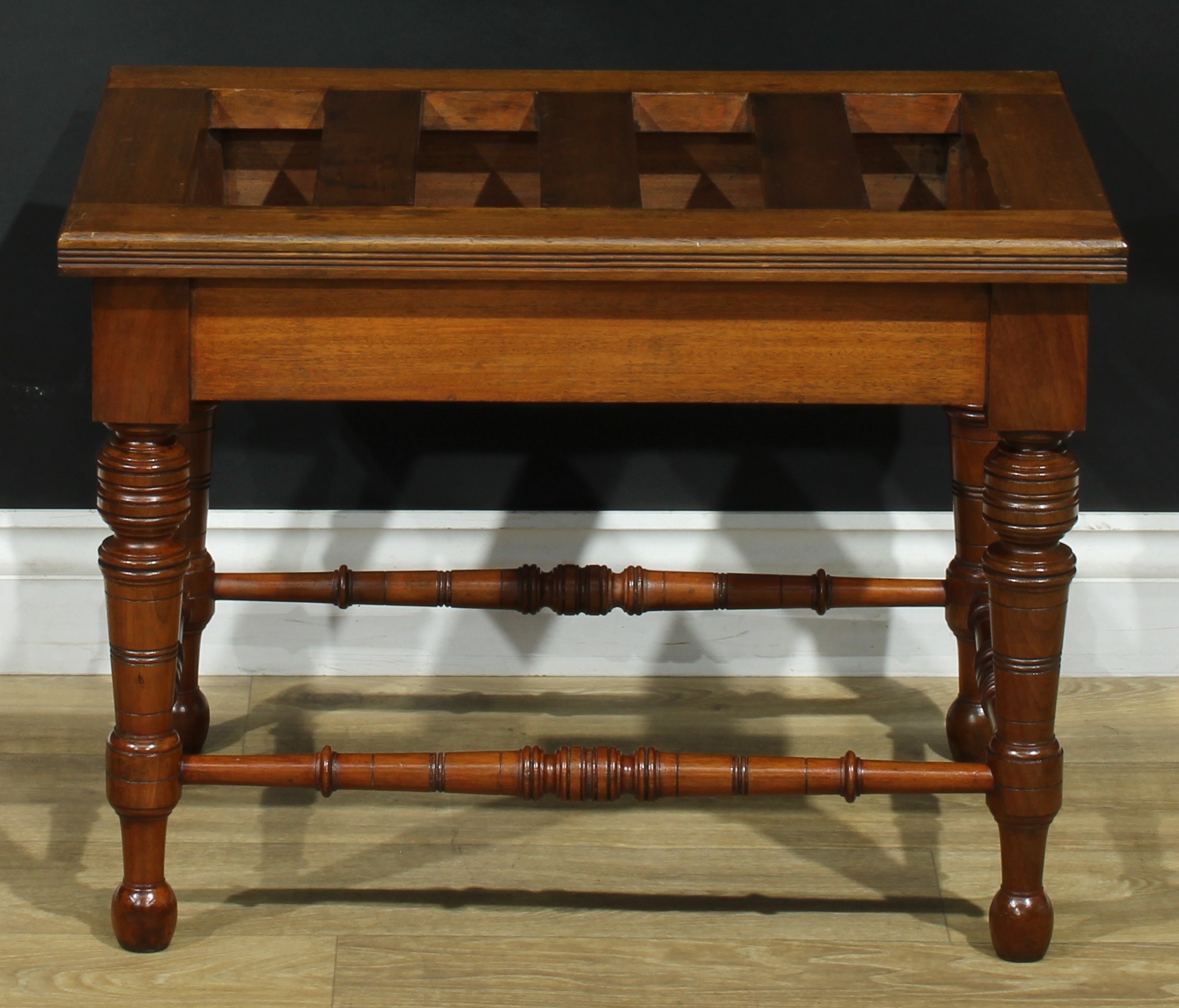 A pair of late Victorian walnut and mahogany rectangular luggage stands, each with oversailing - Image 6 of 9