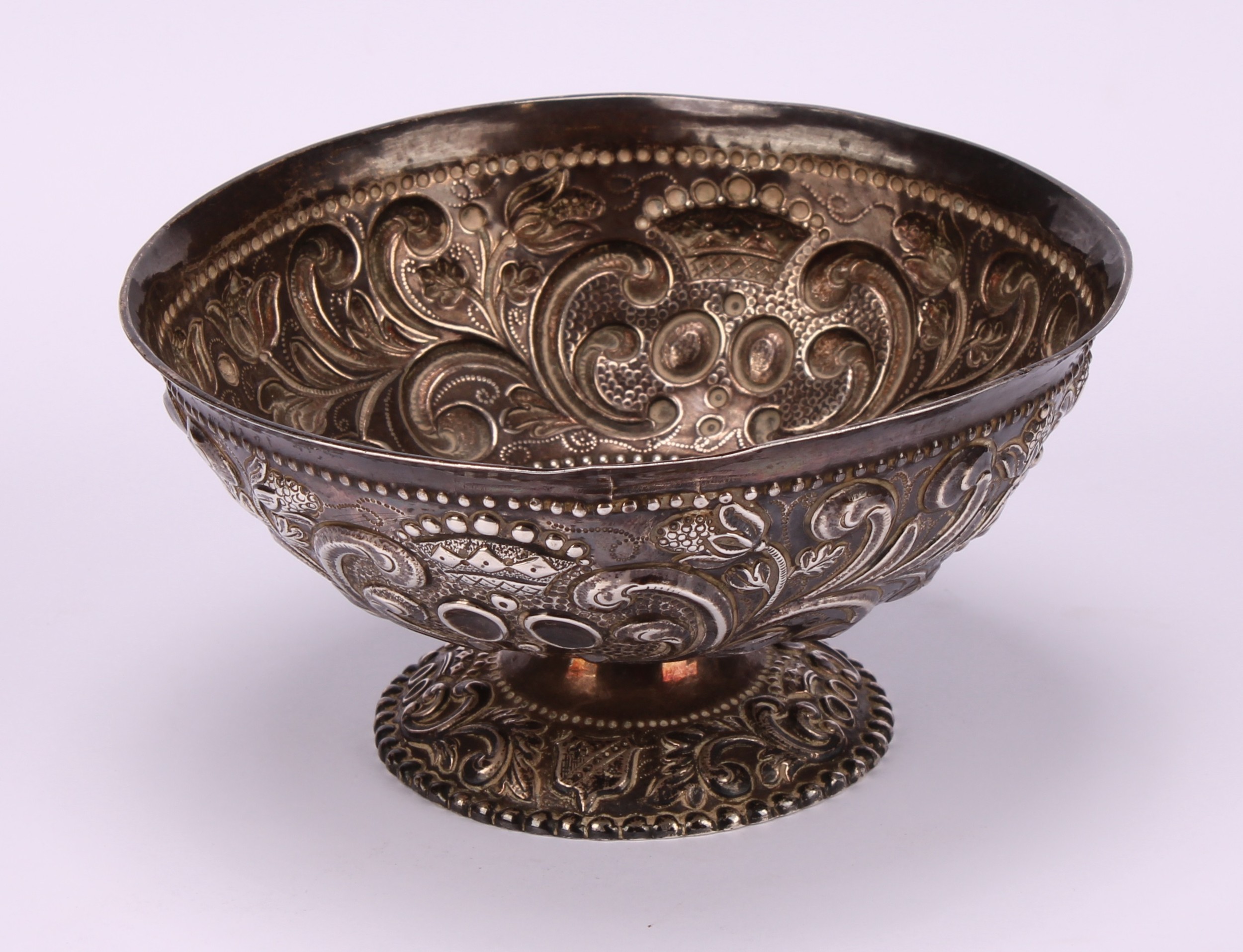 A 19th century Dutch silver pedestal bowl, chased with scrolling foliage and stylised crowns - Image 2 of 3