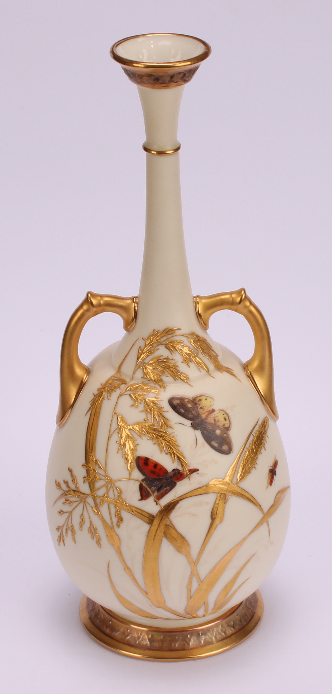 A pair of Royal Worcester two handled bottle vases, decorated in the Aesthetic manner with - Image 3 of 10