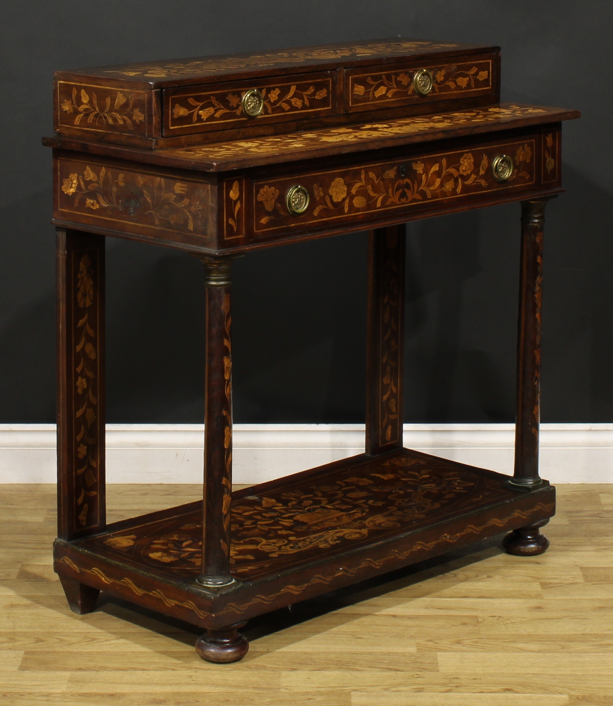 A 19th century Dutch marquetry pier table, rectangular superstructure with a pair of short - Image 3 of 6