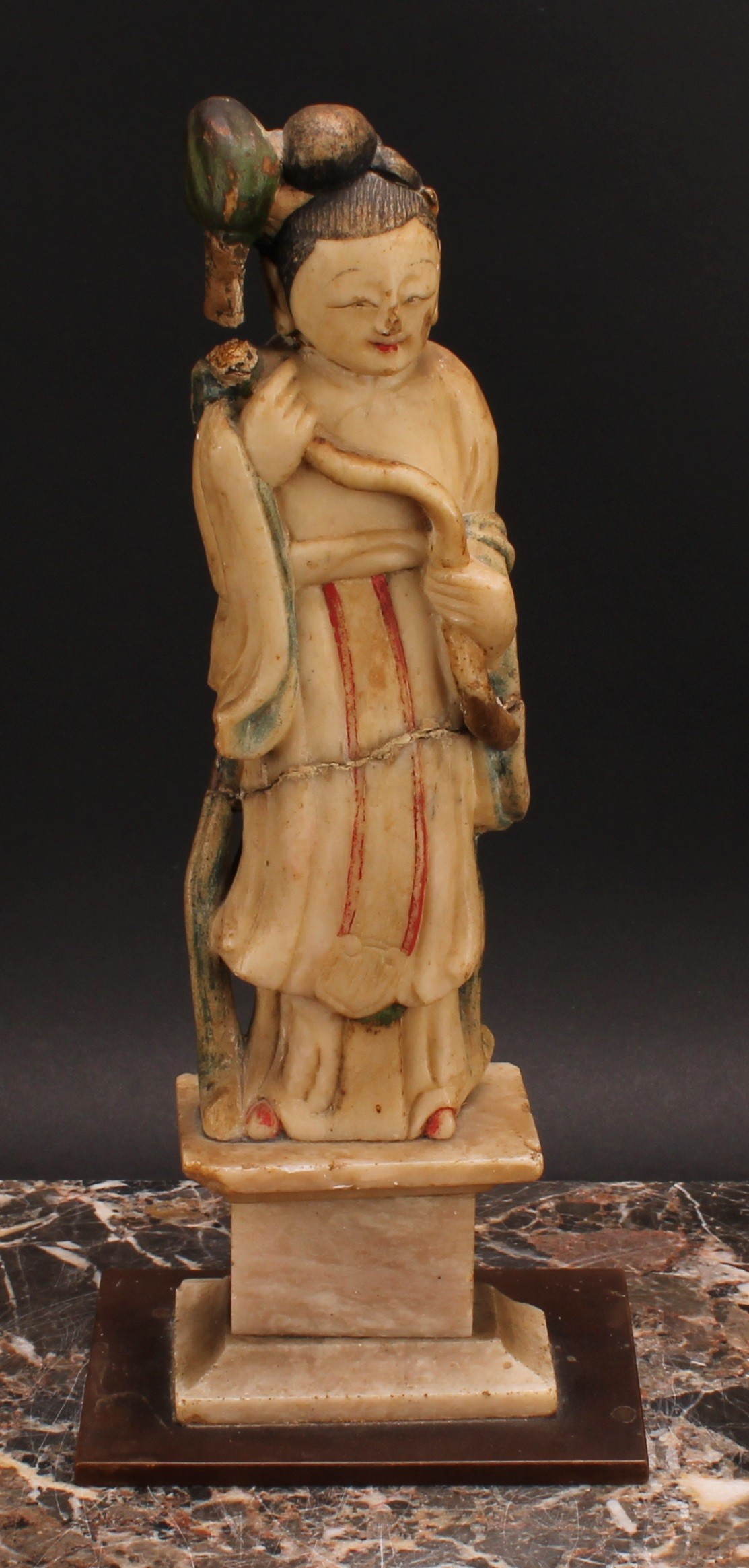 A pair of Chinese soapstone figures, carved as Shou Lao and Guanyin, each picked out in - Image 5 of 7