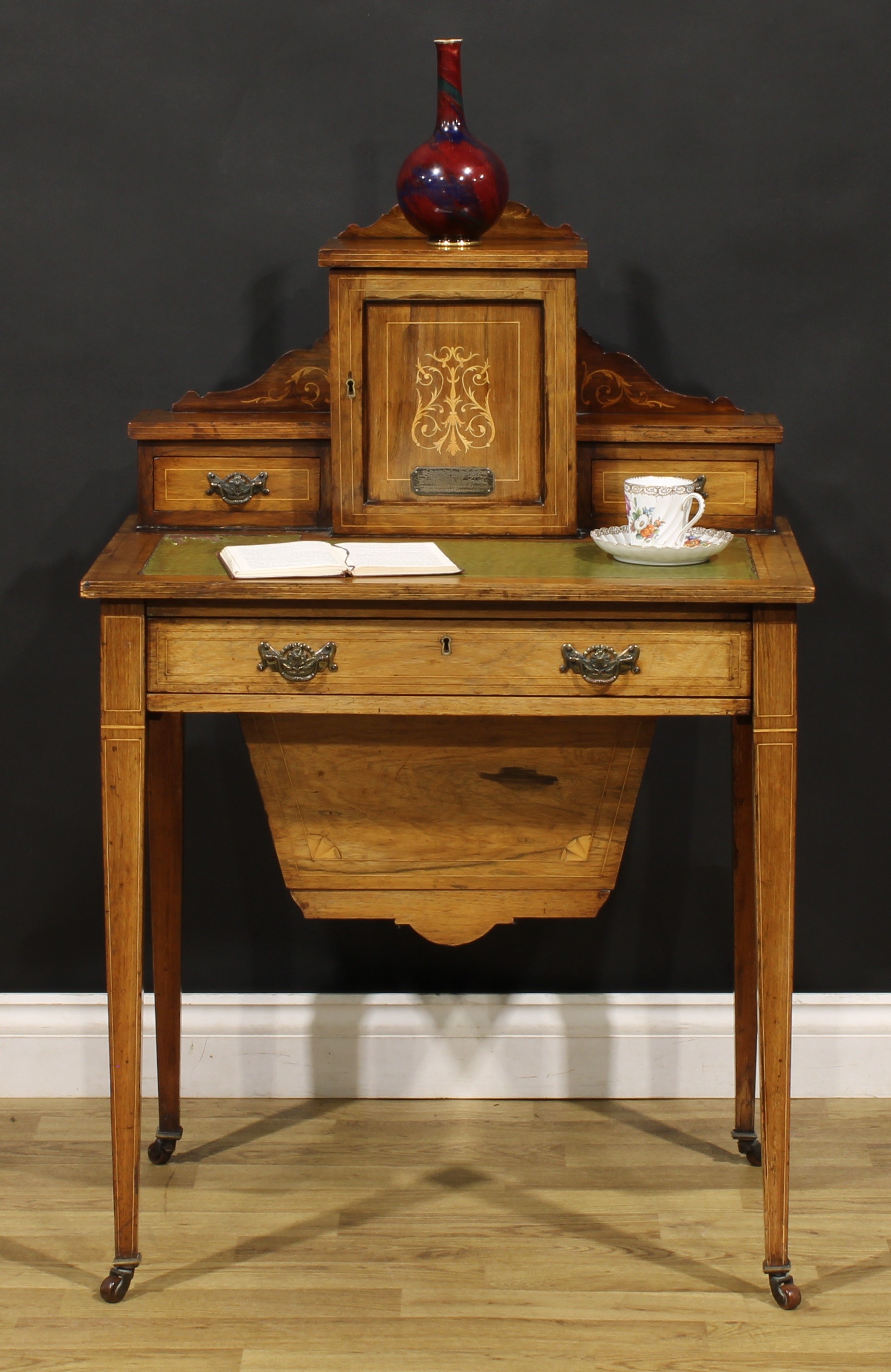 A late Victorian rosewood and marquetry bonheur du jour work table, stepped superstructure with a