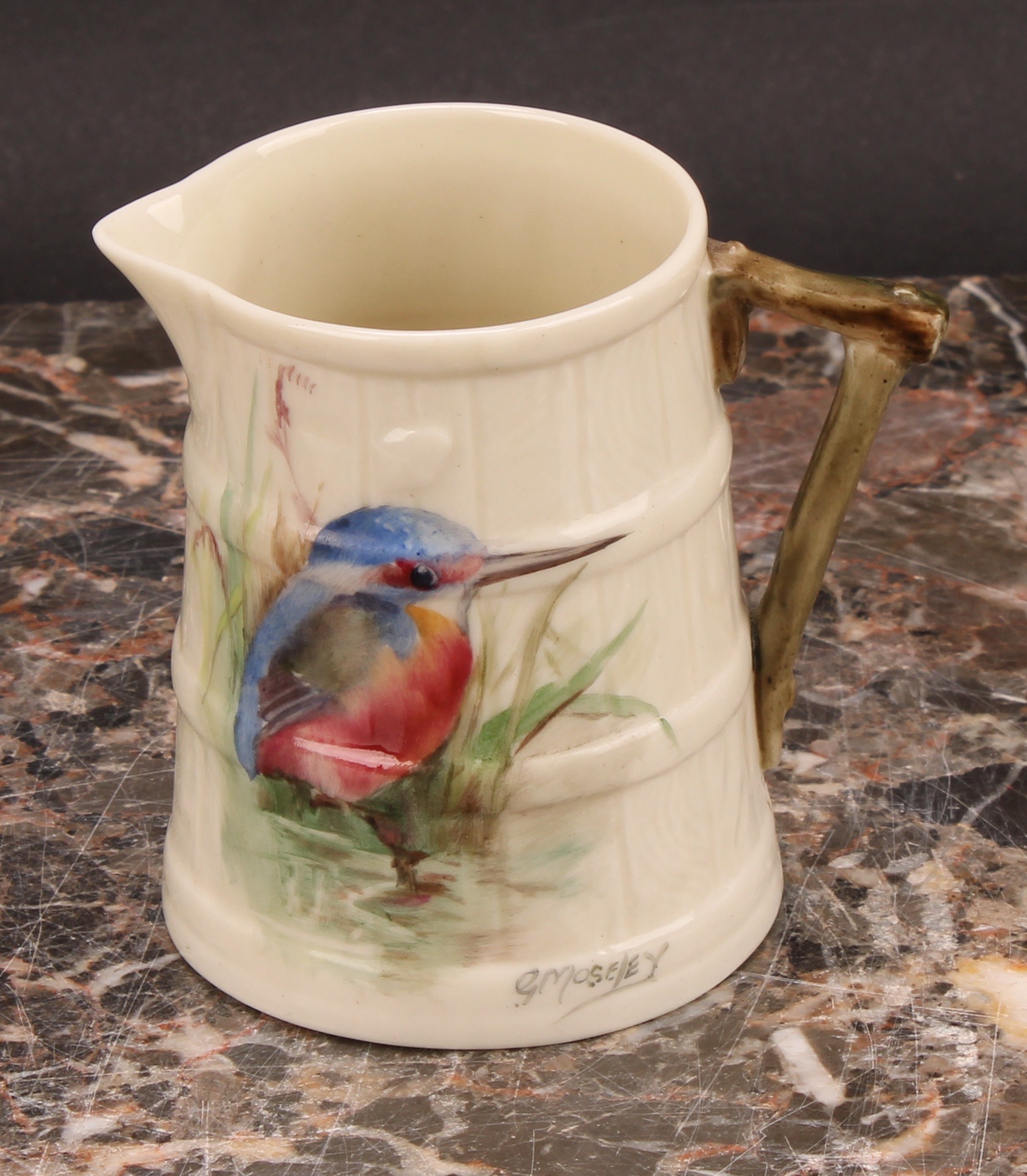 A Royal Worcester barrel shaped jug, painted by W. Powell, signed, with a Goldfinch, 11cm high, - Image 13 of 17