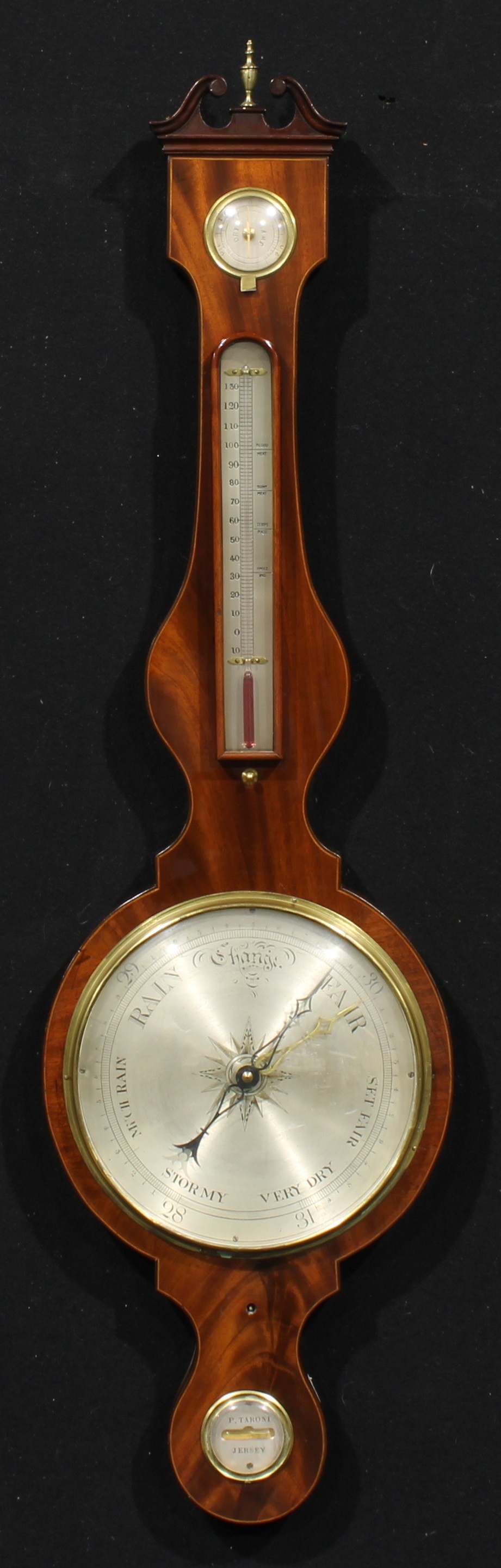 A 19th century Channel Islands mahogany wheel barometer, by P. Taroni, Jersey, 25cm circular