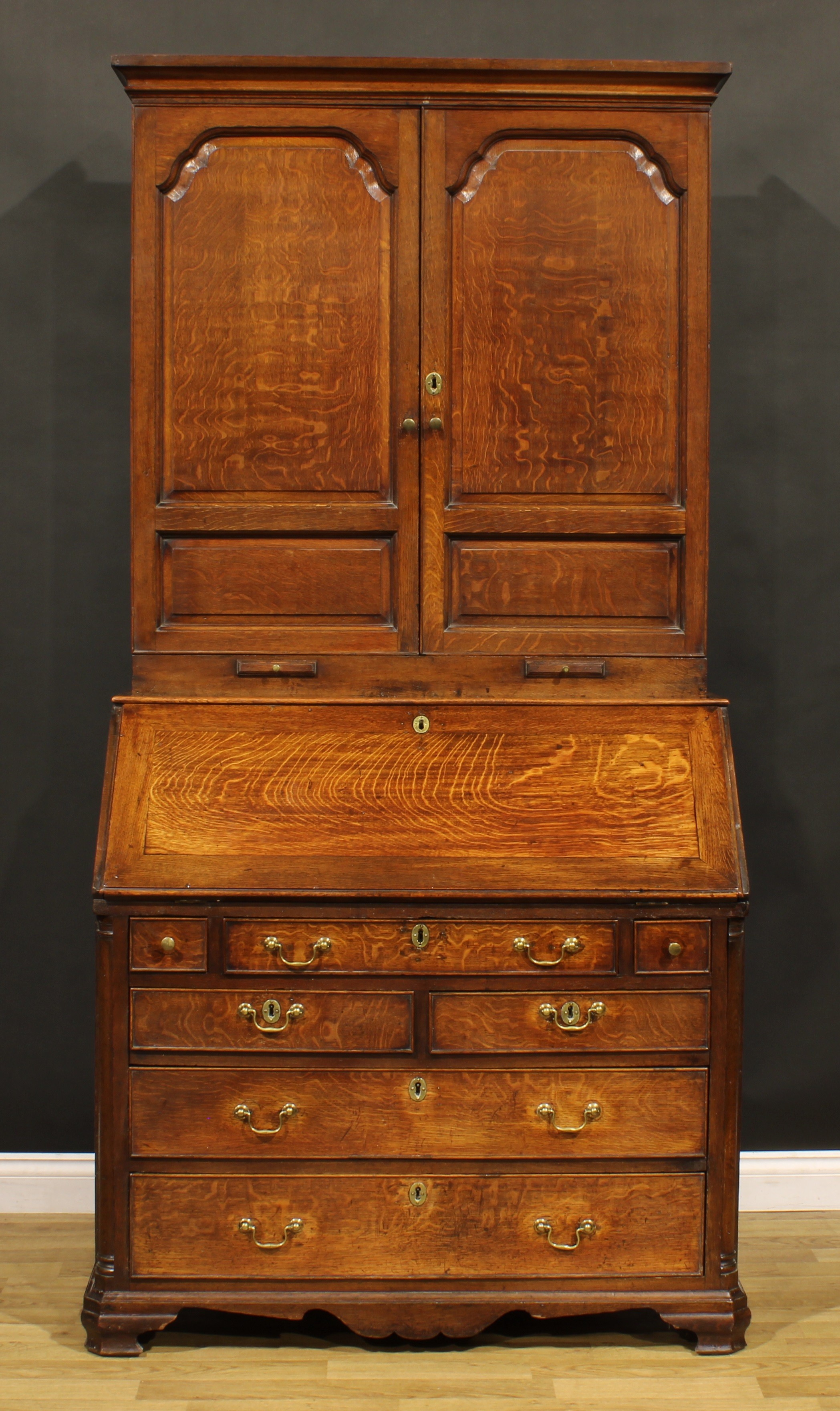 A George III oak estate office enclosed bureau bookcase, moulded cornice above a pair of raised - Image 3 of 5