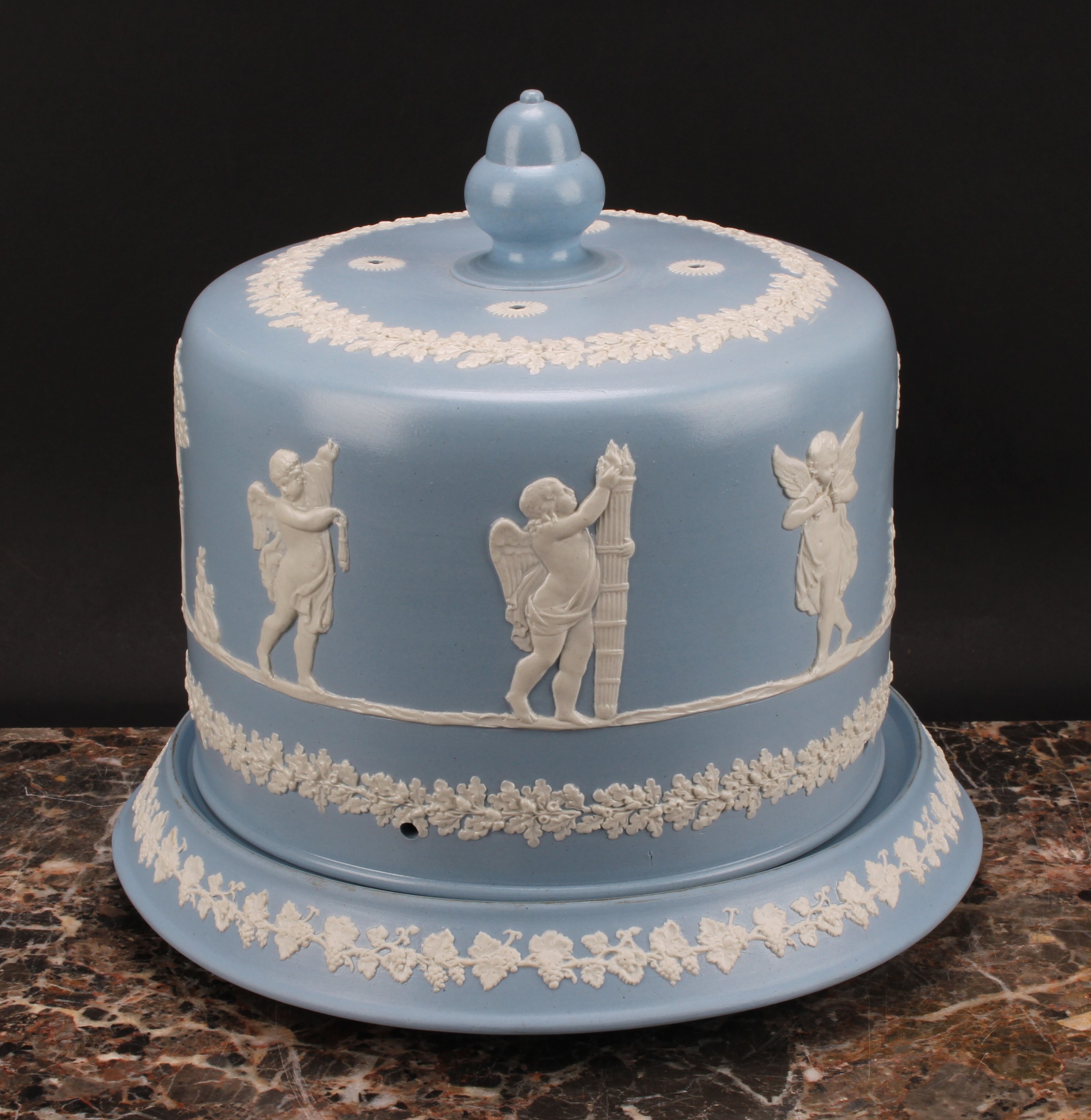 A late Victorian Staffordshire Jasperware cheese dome, probably James Dudson, sprigged in white - Image 2 of 4