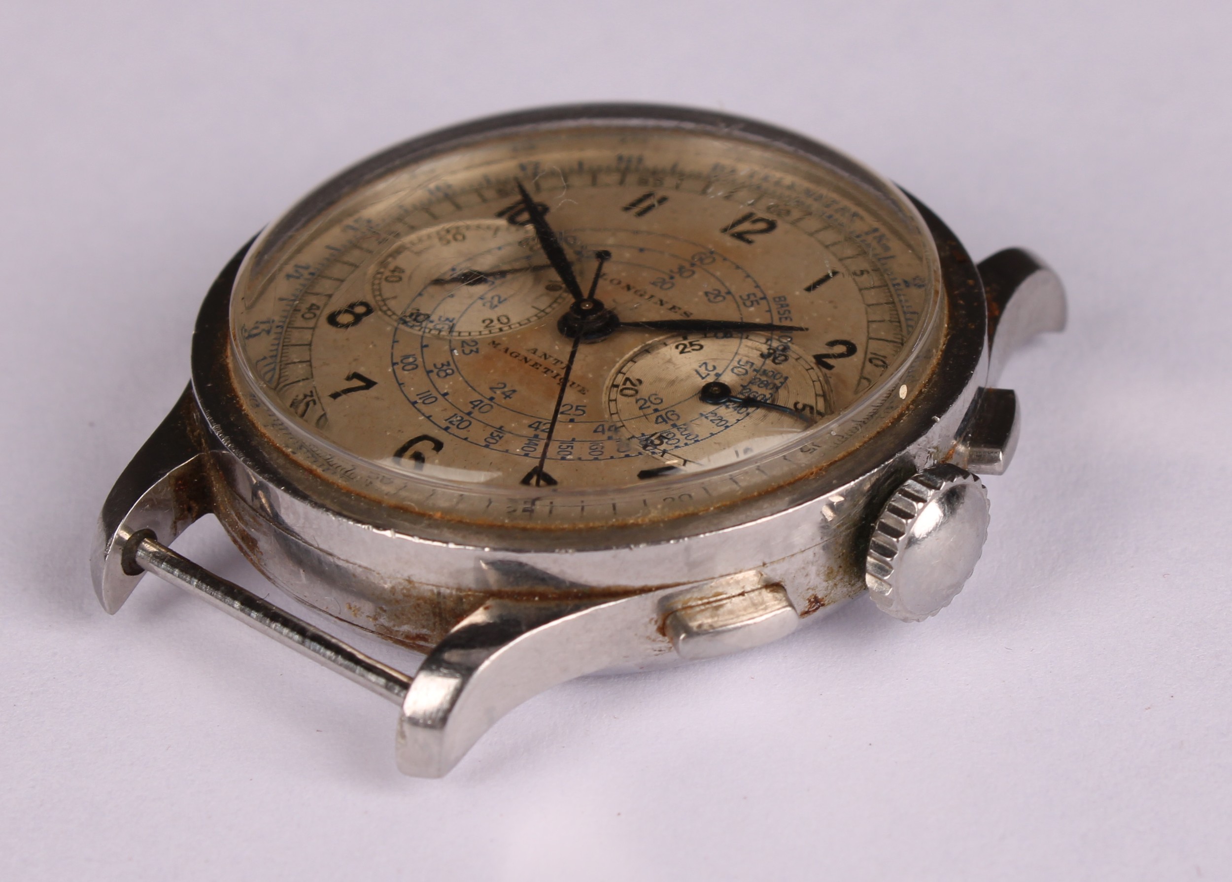 A Longines Telemetre stainless steel chronograph watch, silvered dial with Arabic numerals, pair - Image 3 of 5