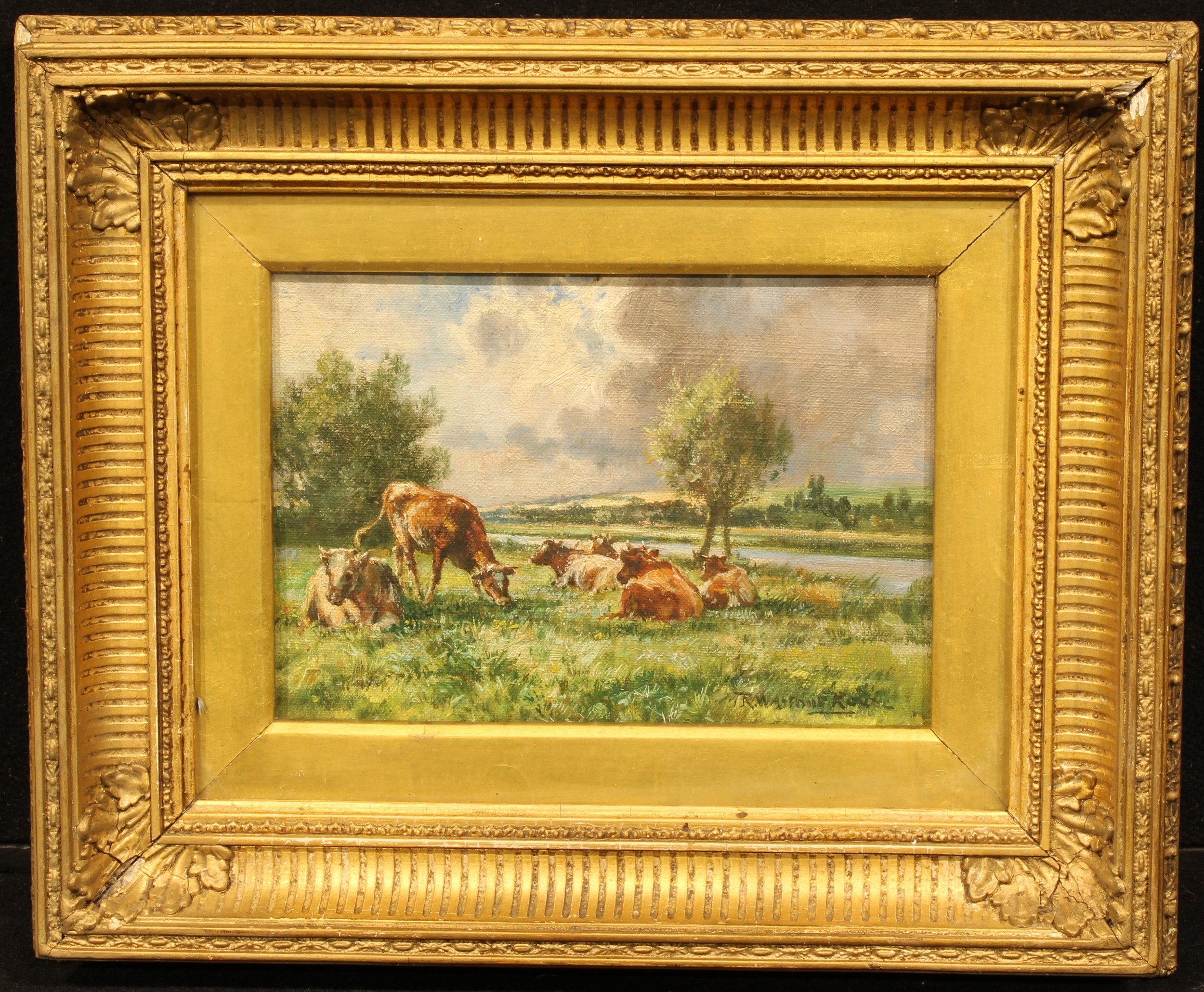 Robert William Arthur Rouse (1869 - 1950) Cattle Resting signed, oil on canvas, 13.5cm x 20cm - Image 2 of 4