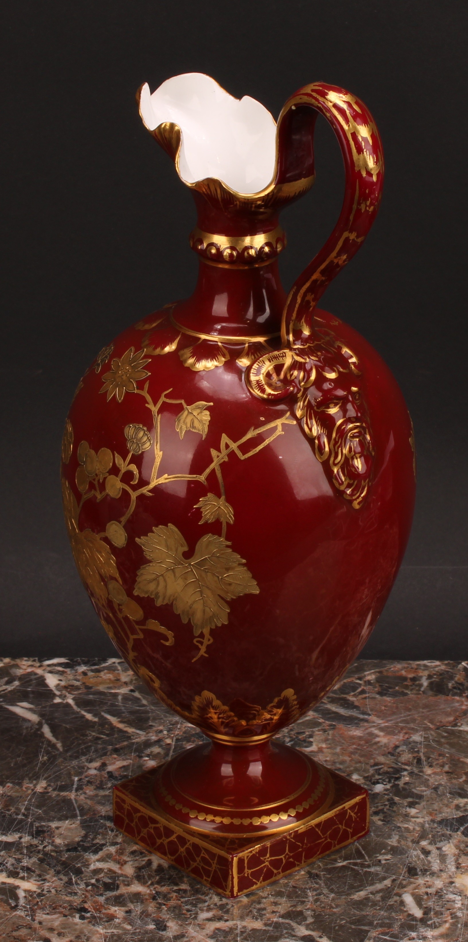 A Royal Crown Derby pedestal ewer, decorated in raised gilt with flowers, foliage and stiff leaves - Image 3 of 4