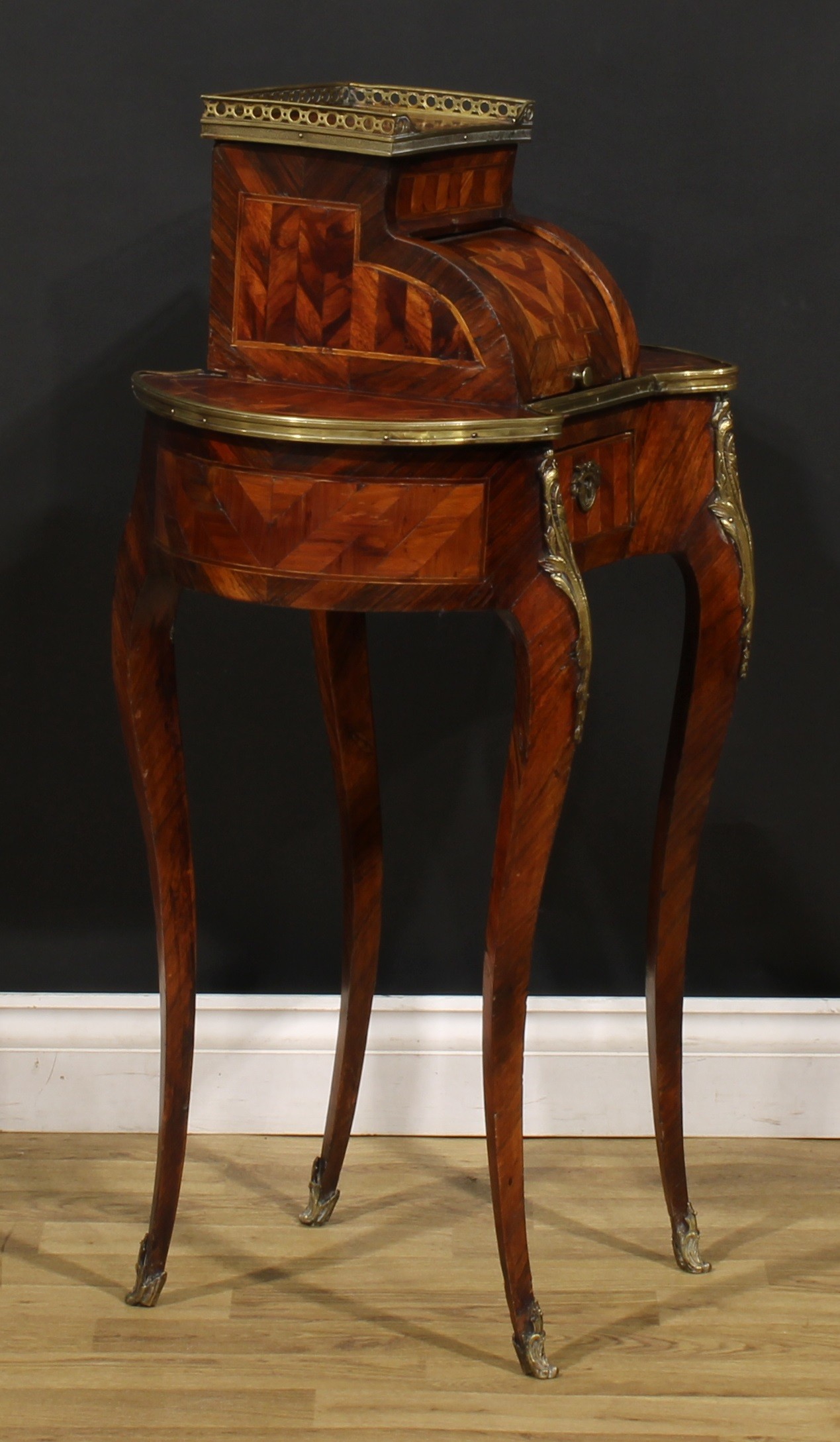 A Louis XV Revival gilt metal mounted rosewood and kingwood bonheur du jour, of small and neat - Image 4 of 7