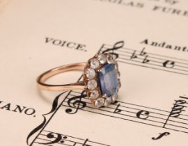 A 19th century pale blue and white sapphire effect paste cluster ring, central cushion cut pale blue