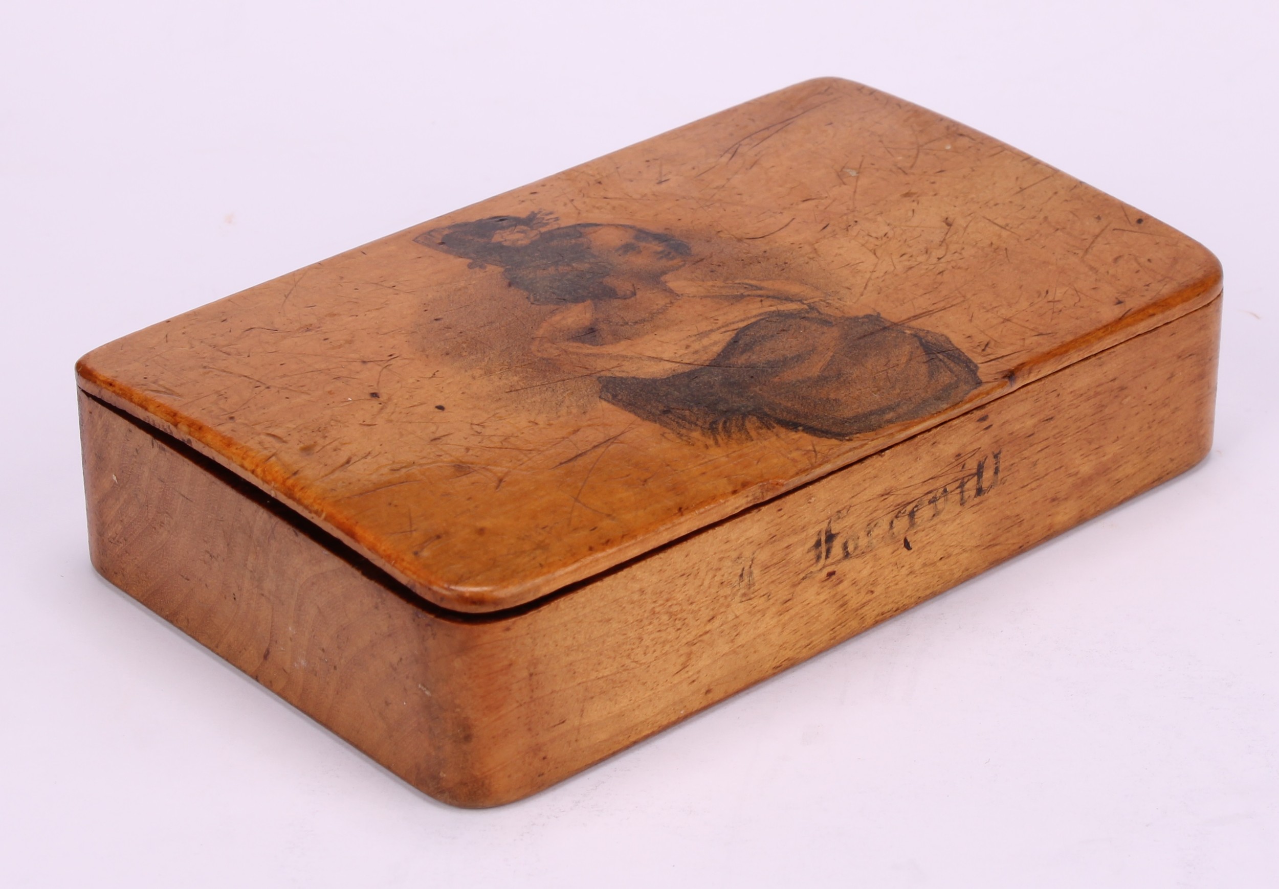 A large 19th century rounded rectangular treen snuff box, probably Scottish, integral hinge, the - Image 4 of 10