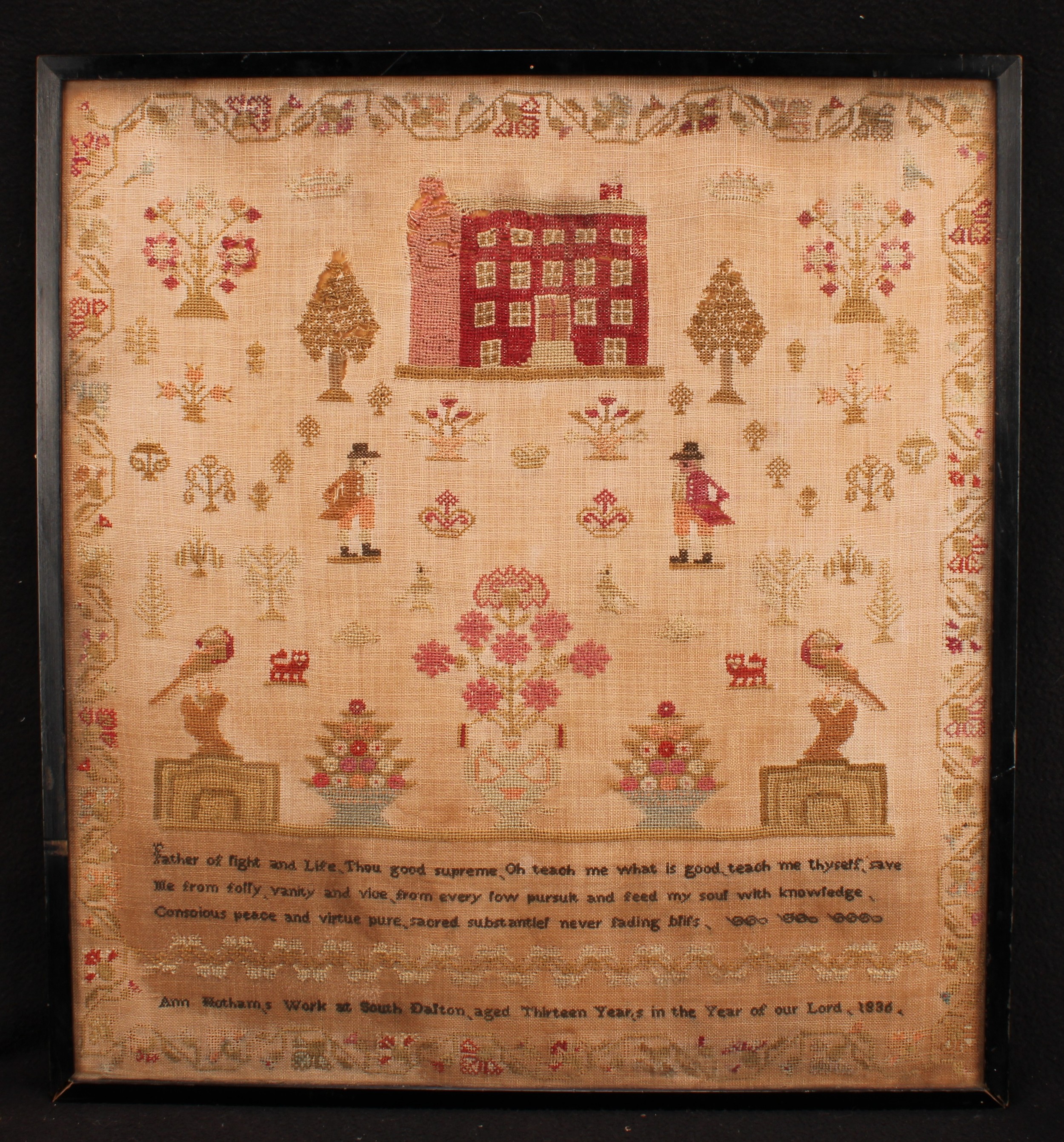 A William IV needlework sampler, worked in coloured wool with a mansion house, figures, trees, - Image 2 of 3