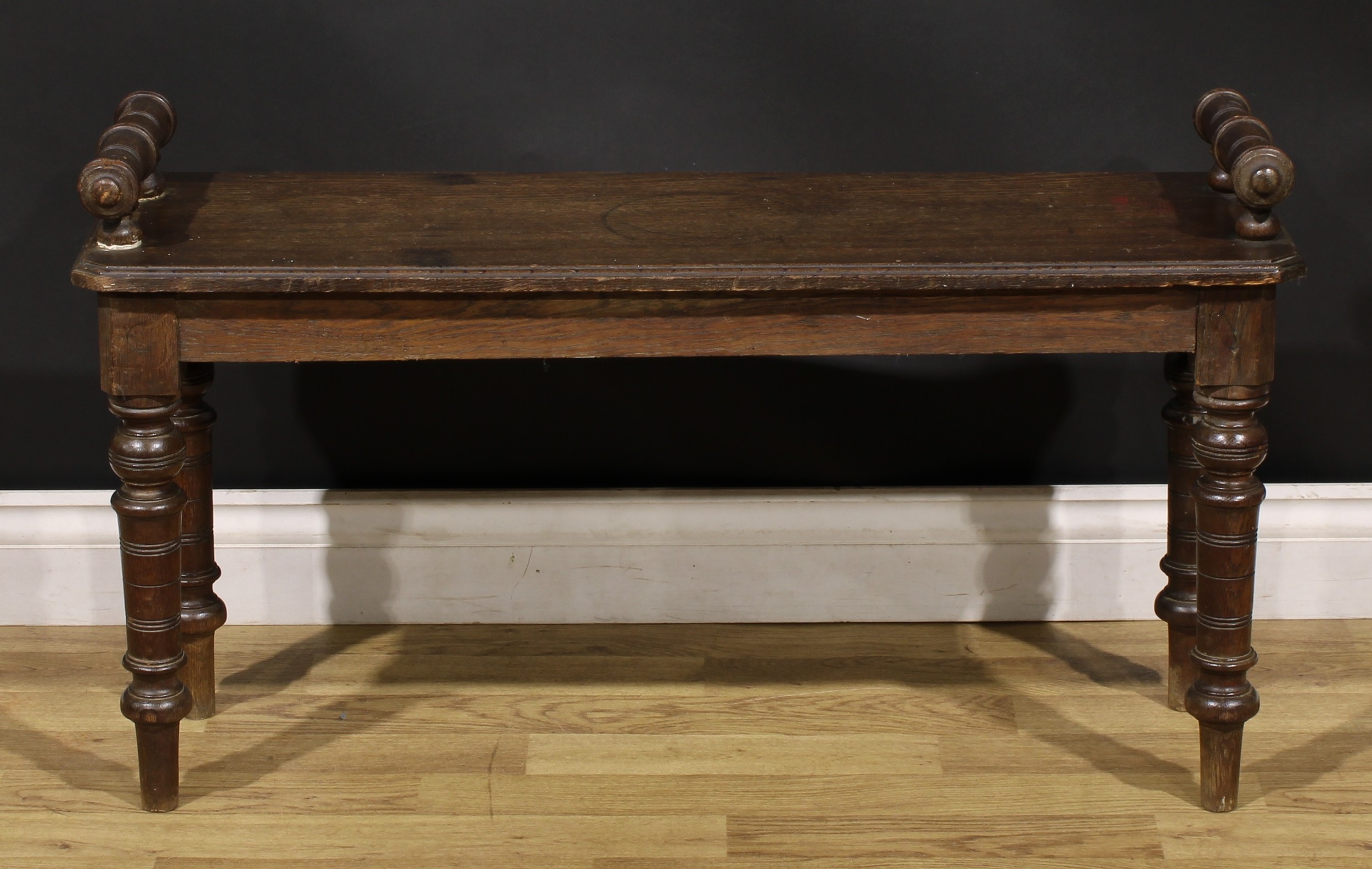 A Victorian oak window seat, canted rectangular top with turned handles, turned legs, 55cm high, - Image 4 of 4