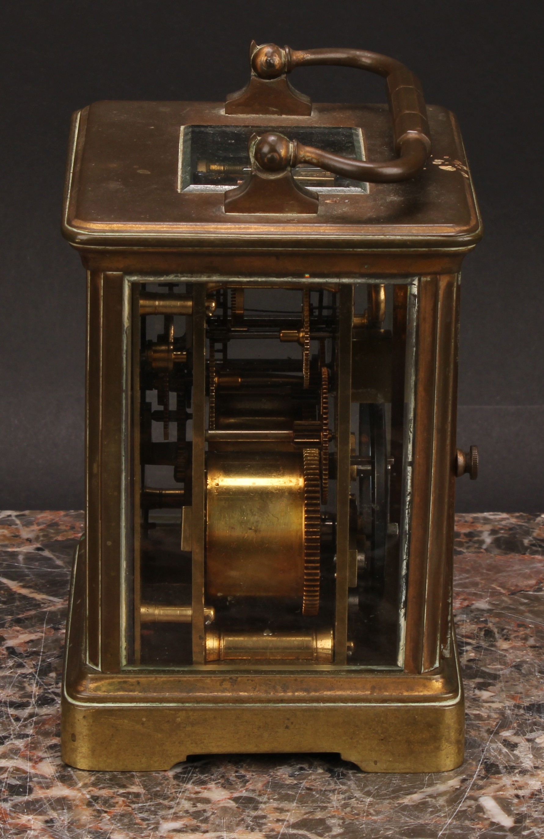 An early 20th century lacquered brass carriage clock, 6.5cm rectangular dial inscribed with Roman - Image 5 of 7