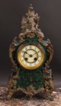 A Louis XV Revival gilt metal mounted faux green lacquer cartouche shaped mantel clock, 9.5cm dial
