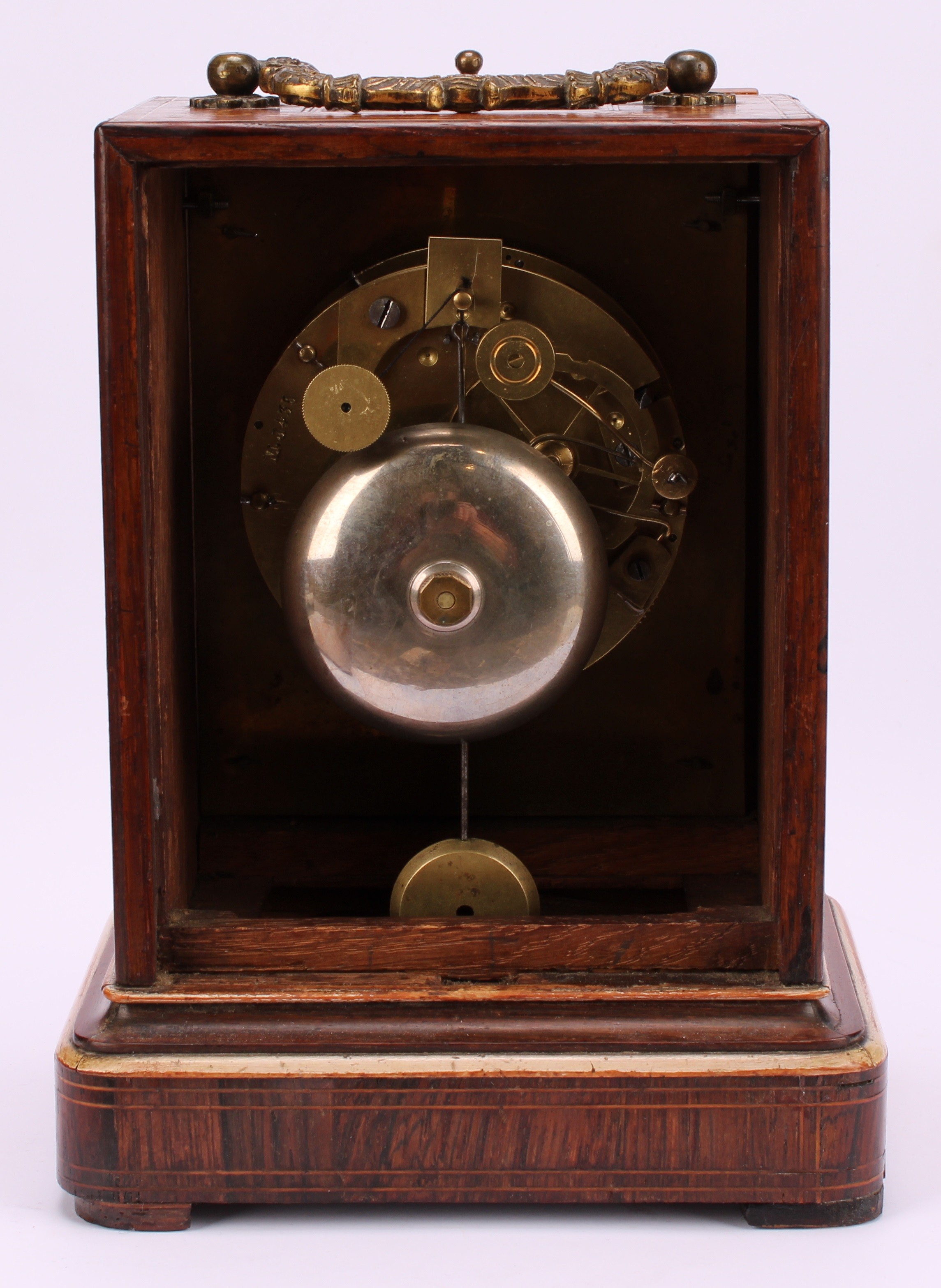 A 19th century French rosewood and marquetry mantel clock, 9.5cm silvered dial inscribed with - Image 4 of 4