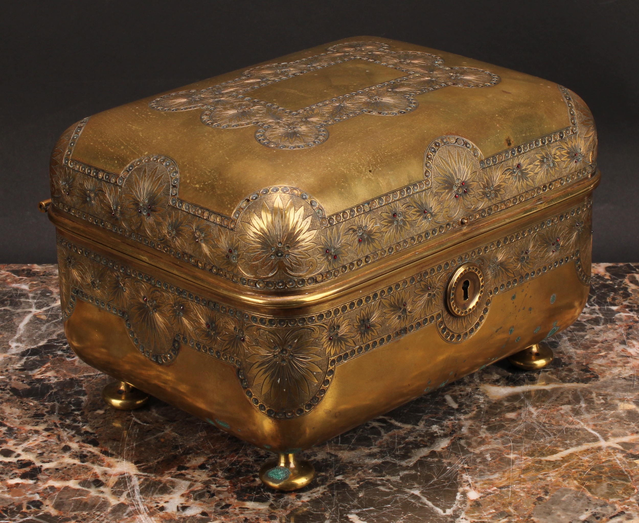 A Russian Imperial design brass table box, hinged cover, engraved throughout with stiff leaves, - Image 3 of 4