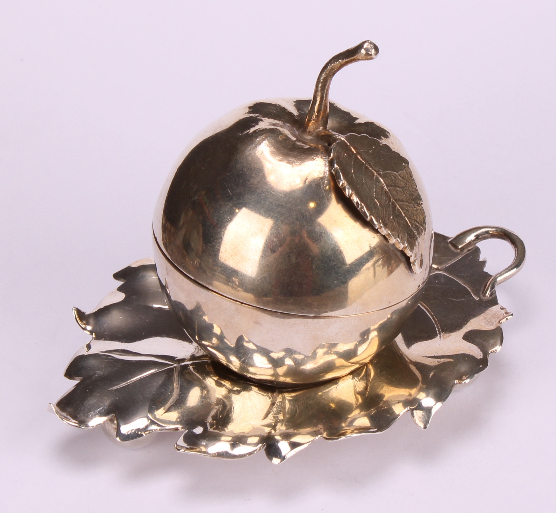 A pair of Elizabeth II silver novelty condiments and stands, modelled as apples, the cast leaf - Image 10 of 16