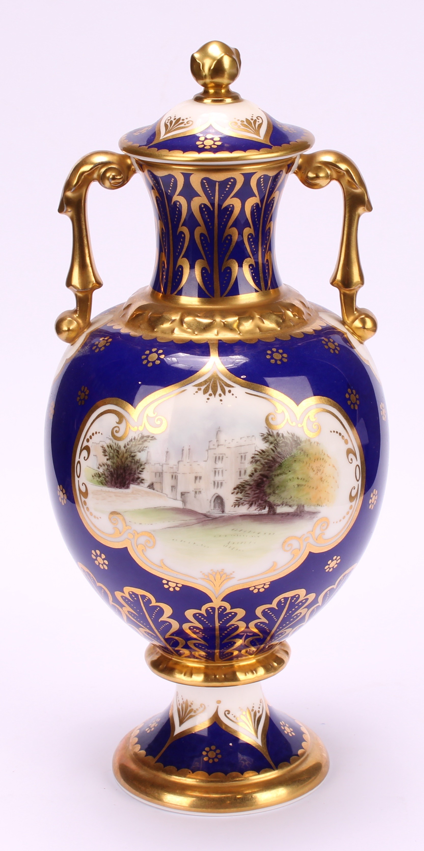 A pair of Royal Crown Derby pedestal ovoid two handled vases and covers, The Chatsworth Vase and The - Image 10 of 16