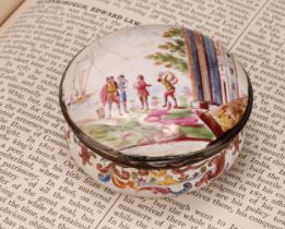 A George III South Staffordshire enamel circular table snuff box, hinged cover painted with