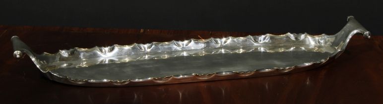 An early 20th century E.P.N.S rounded rectangular sandwich tray, wavy gallery, scroll handles,