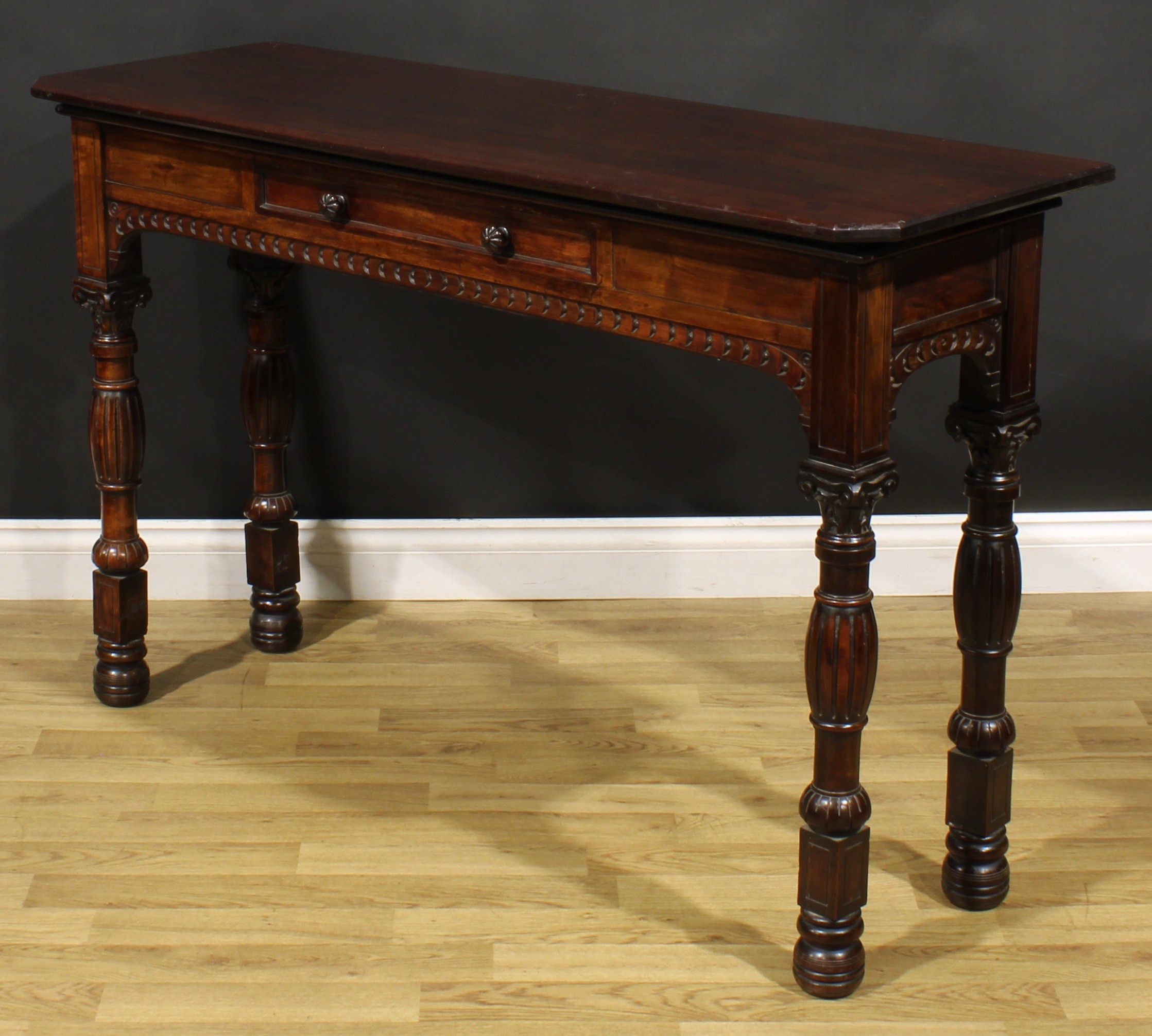 A Victorian mahogany pier table, rectangular top with canted foreangles above a single frieze - Image 5 of 6