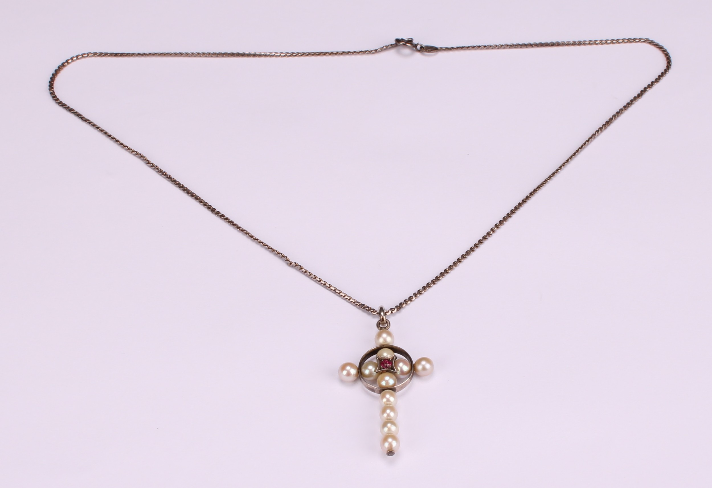 A natural pearl and spinel crucifix pendant, centred by a round cut pink stone, silver chain - Image 2 of 4