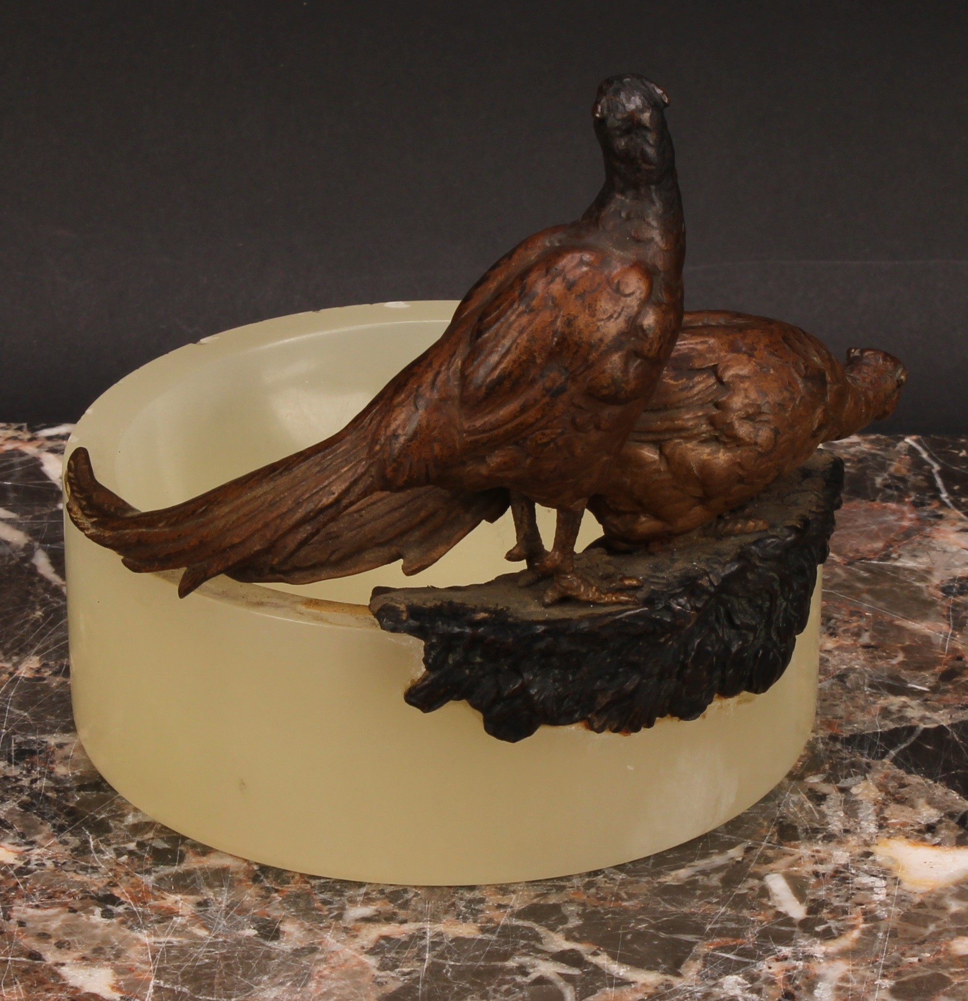 An Austrian cold painted bronze, of a pair of pheasants, surmounting a circular onyx dish, 12.5cm - Image 4 of 4