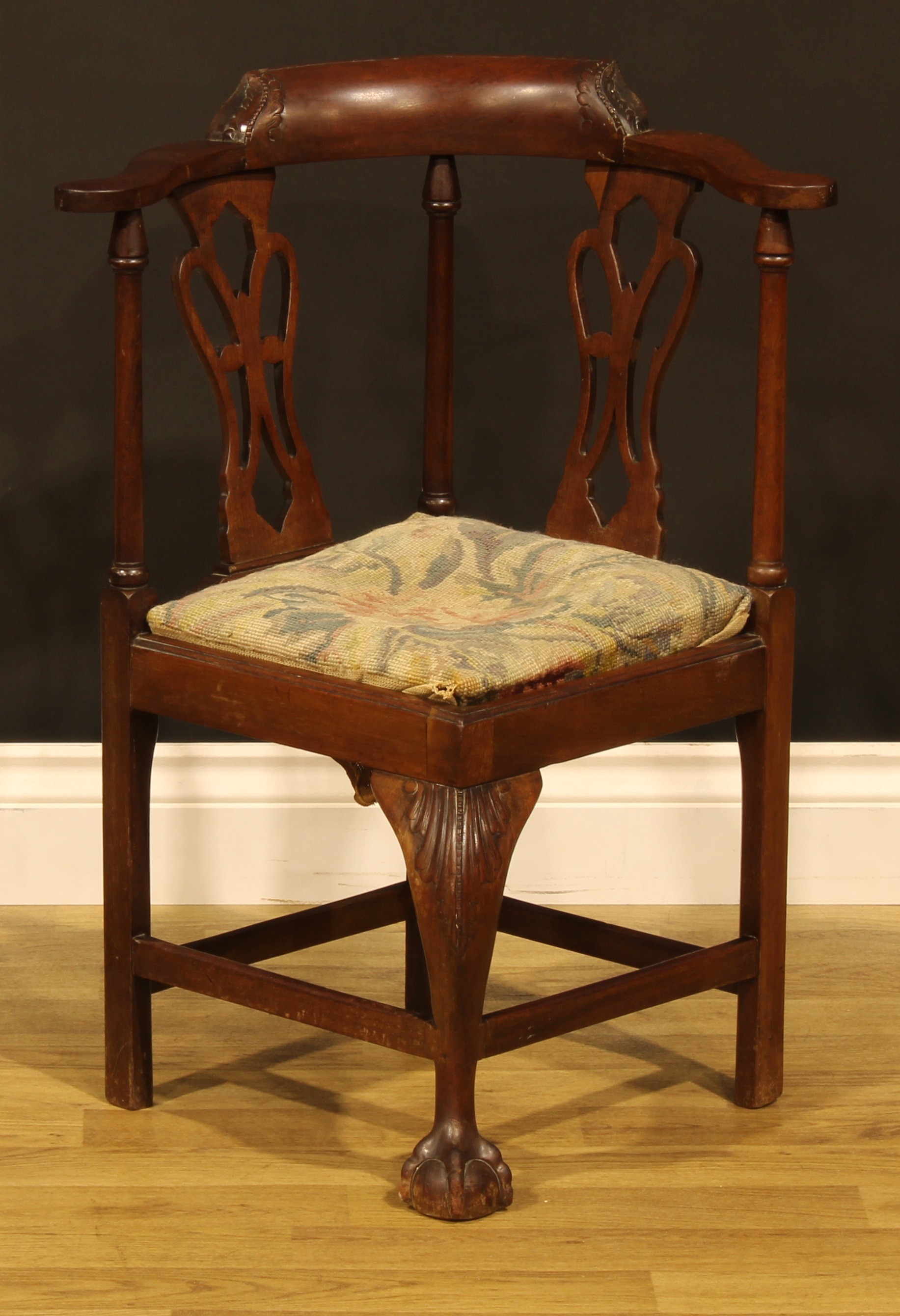 A Chippendale Revival mahogany child’s corner chair, shaped and pierced splats, drop-in seat,