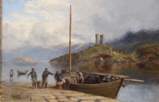 James Whaite (fl.1876-1896) Unloading the Catch, signed, oil on panel, 24.5cm x 36.5cm