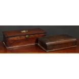 A George III mahogany rectangular desk box, the hinged cover enclosing compartmental interior, brass