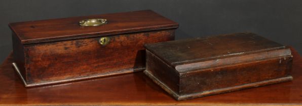 A George III mahogany rectangular desk box, the hinged cover enclosing compartmental interior, brass