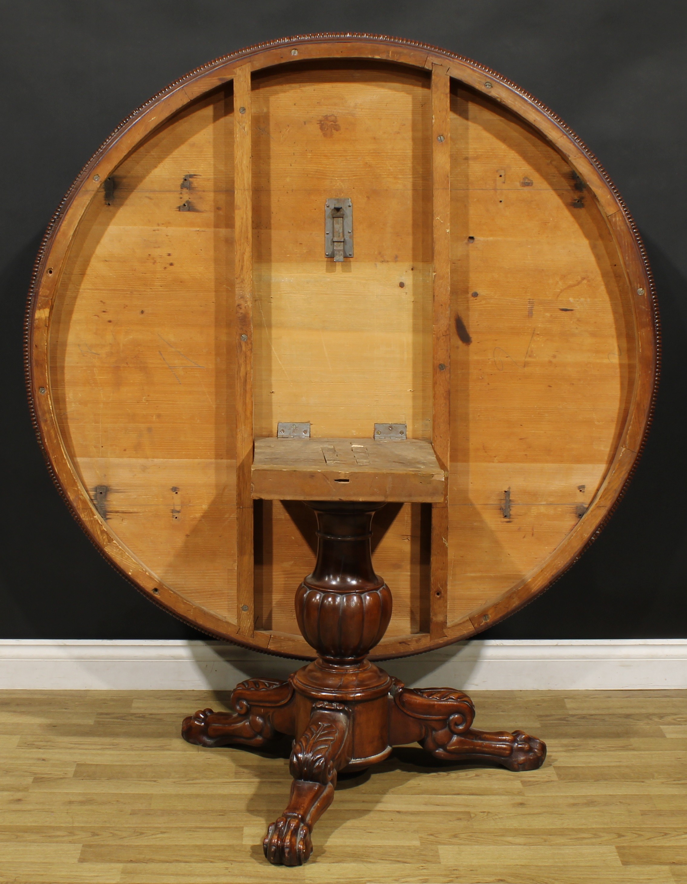 A 19th century mahogany centre table, possibly Irish, circular tilting top with reel moulded edge, - Image 4 of 4