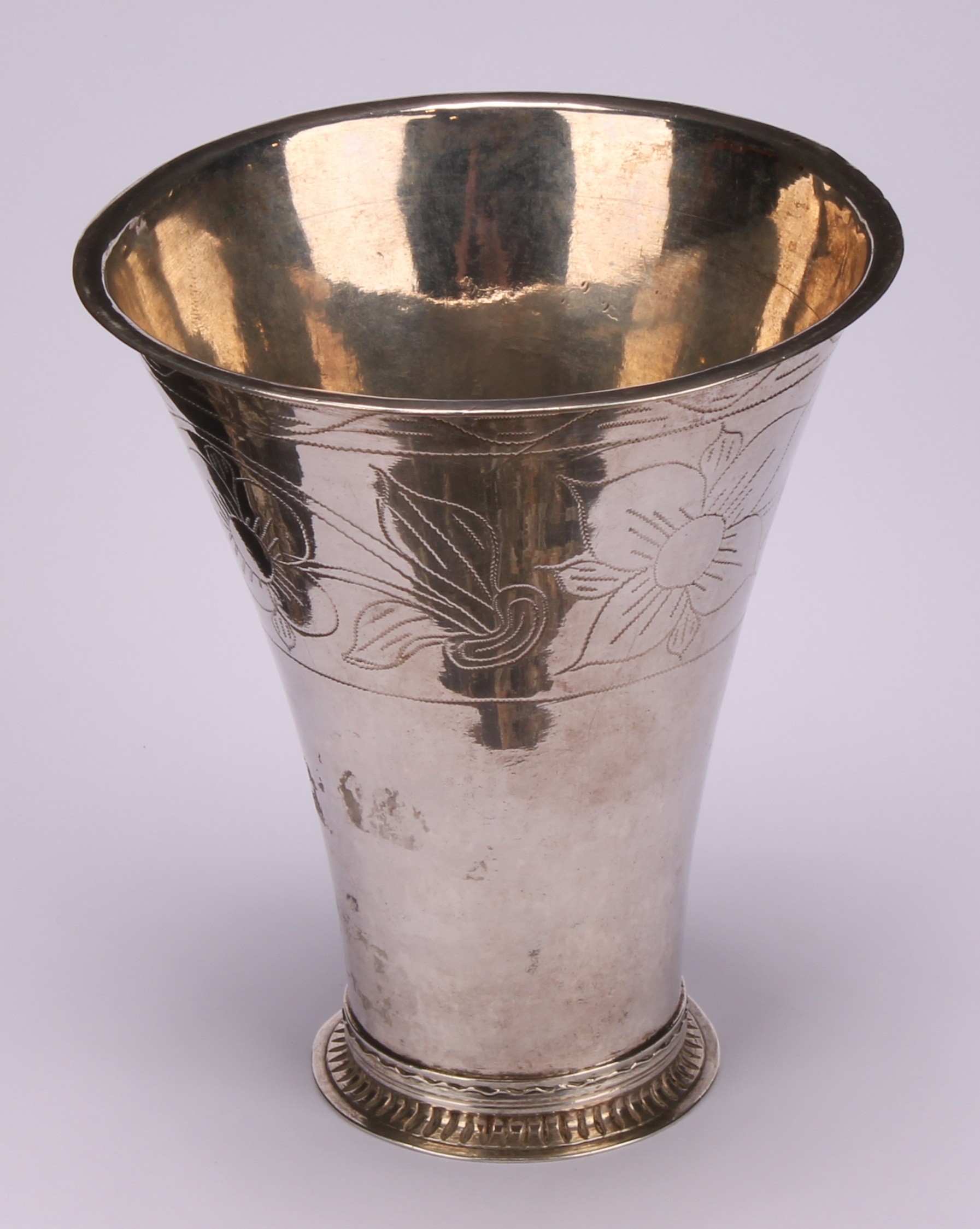 A Swedish silver flared beaker, wrigglework engraved with flowers on a meandering stem, skirted - Image 3 of 4